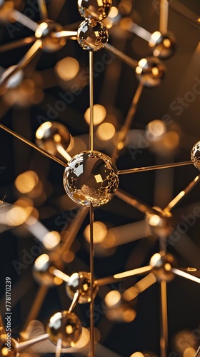 Metallic molecular structure on a dark background with golden glow. The concept of science and molecular chemistry.