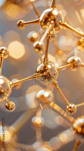Molecular model with golden bonds on a light background with bokeh glow. The concept of network and complexity.