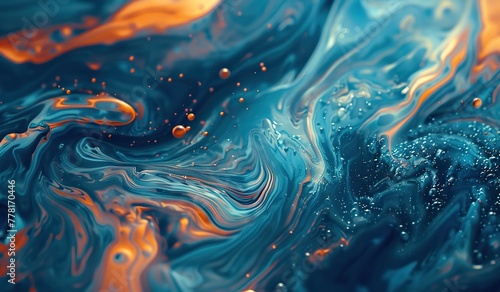 Close-up abstract image of blue and orange oil swirls. The concept of color abstraction and fluidity of shapes.