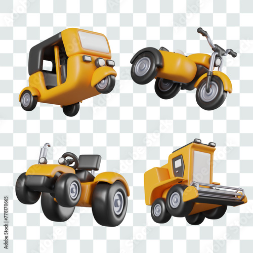 Yellow auto rickshaw car, tricycle with sidecar, tractor, harvester. Isolated models