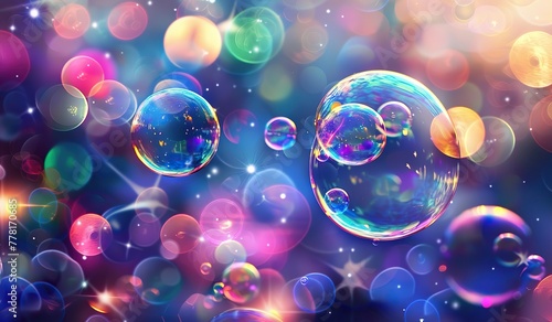 Soap bubbles with rainbow light and reflections. The concept of playfulness and joy.
