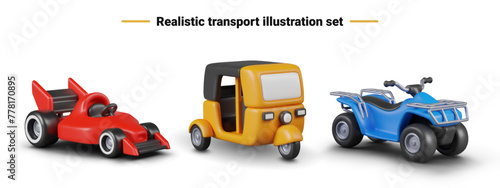 Set of vehicles in 3D cartoon style. Red racing car, yellow auto rickshaw taxi, blue quad bike