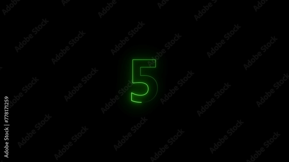Abstract digital top five countdown circle green color illustration. Green circle Neon light 5 number black background 4k illustration. Abstract digital top five countdown circle green color illustration. Green circle Neon light 5 number black background 4k illustration.