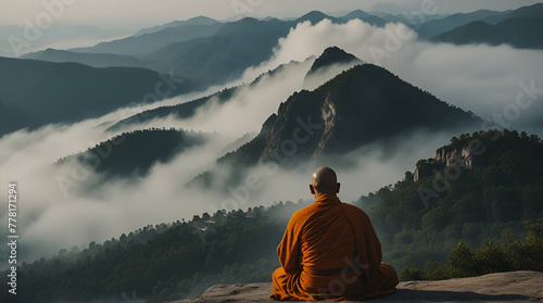 A monk meditating on top of a mountain, symbolizing the purification of the mind.generative.ai