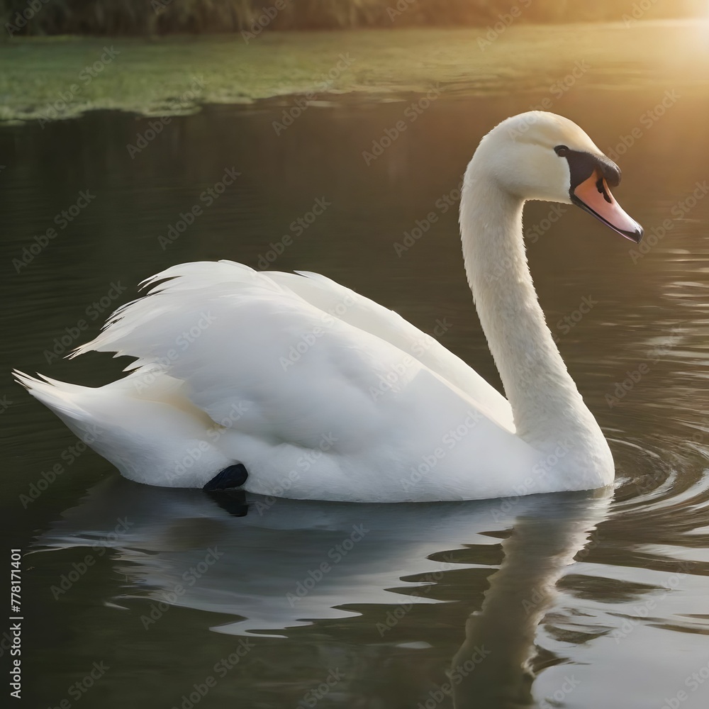 White Swan Swimming in a Calm Lake Under Beautiful Sunlight
