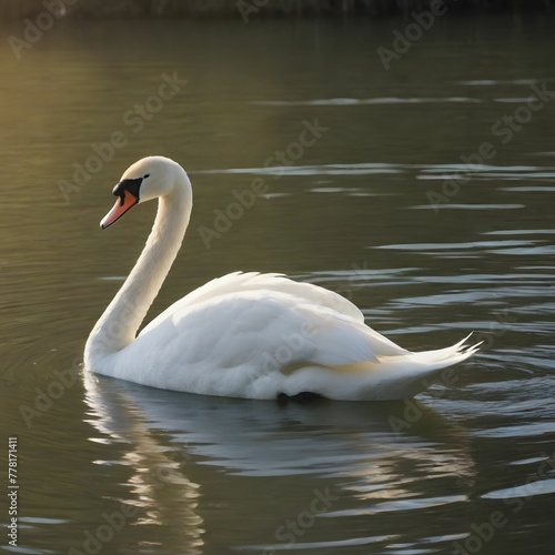 White Swan Swimming in a Calm Lake Under Beautiful Sunlight