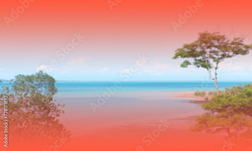 Photos of Thai sea tourist attractions at Koh Chang, Trat Province, Thailand, red, blue, white, green blurred gradient. Beach, sand, ocean, water, sky, tropical, island, landscape, coast, summer
