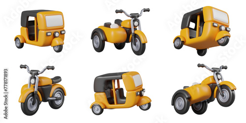 Autorickshaw car, motorcycle with sidecar on white background