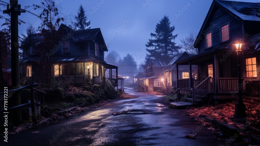 Haunted village at twilight with vintage houses and eerie lighting