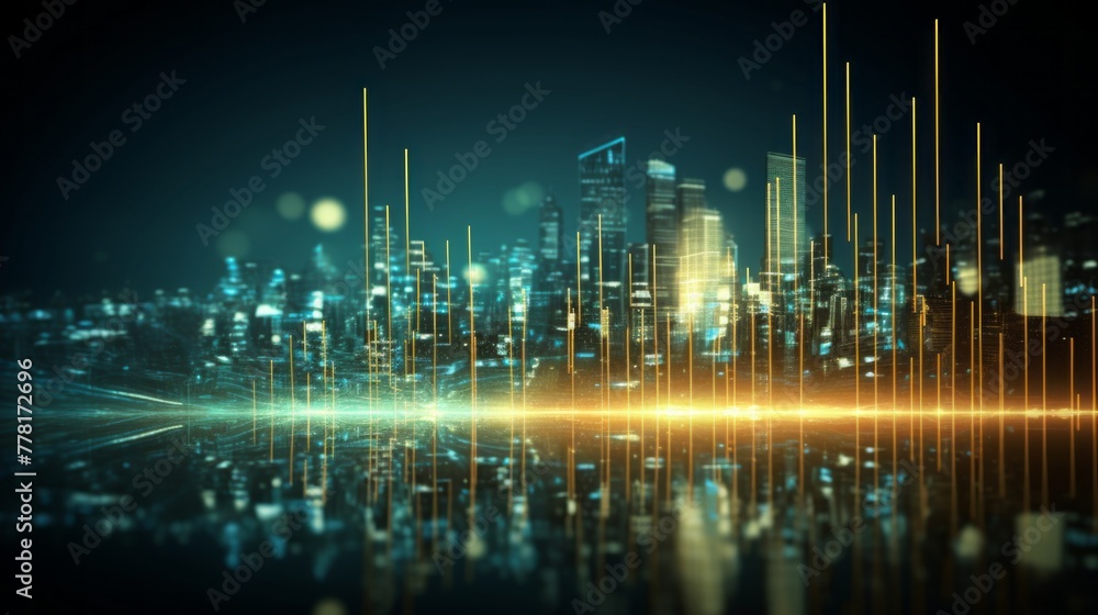 City skyline is shown with bright lights