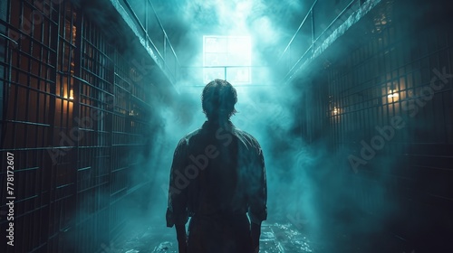 a man standing in a jail cell with fog coming from the floor and a light coming from the window behind him. photo