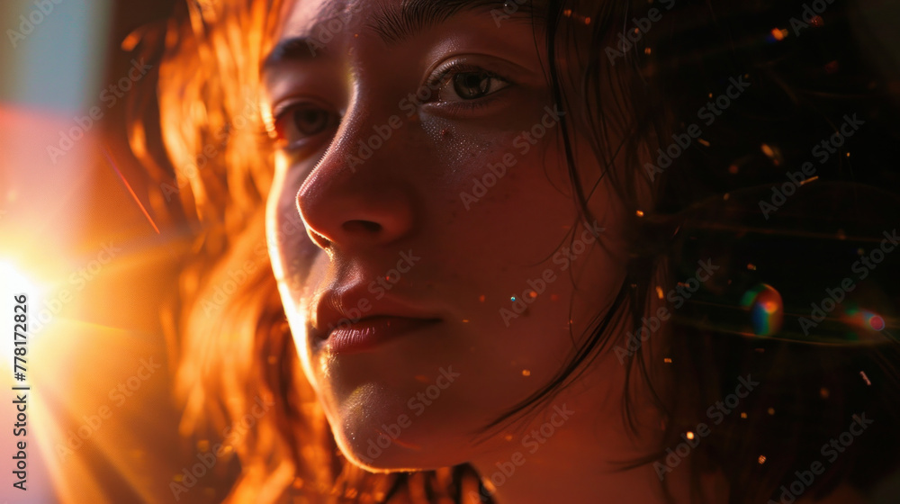 Woman captured in a photograph using an anamorphic lens that creates a ...