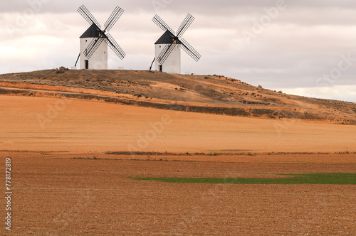 Two windmills in La Mancha, Castile, Spain
