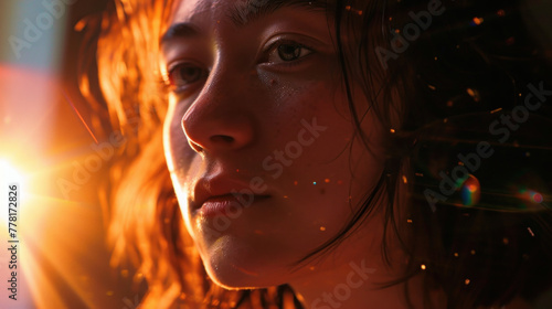 Woman captured in a photograph using an anamorphic lens that creates a distorted, stretched effect, resembling a lens flare