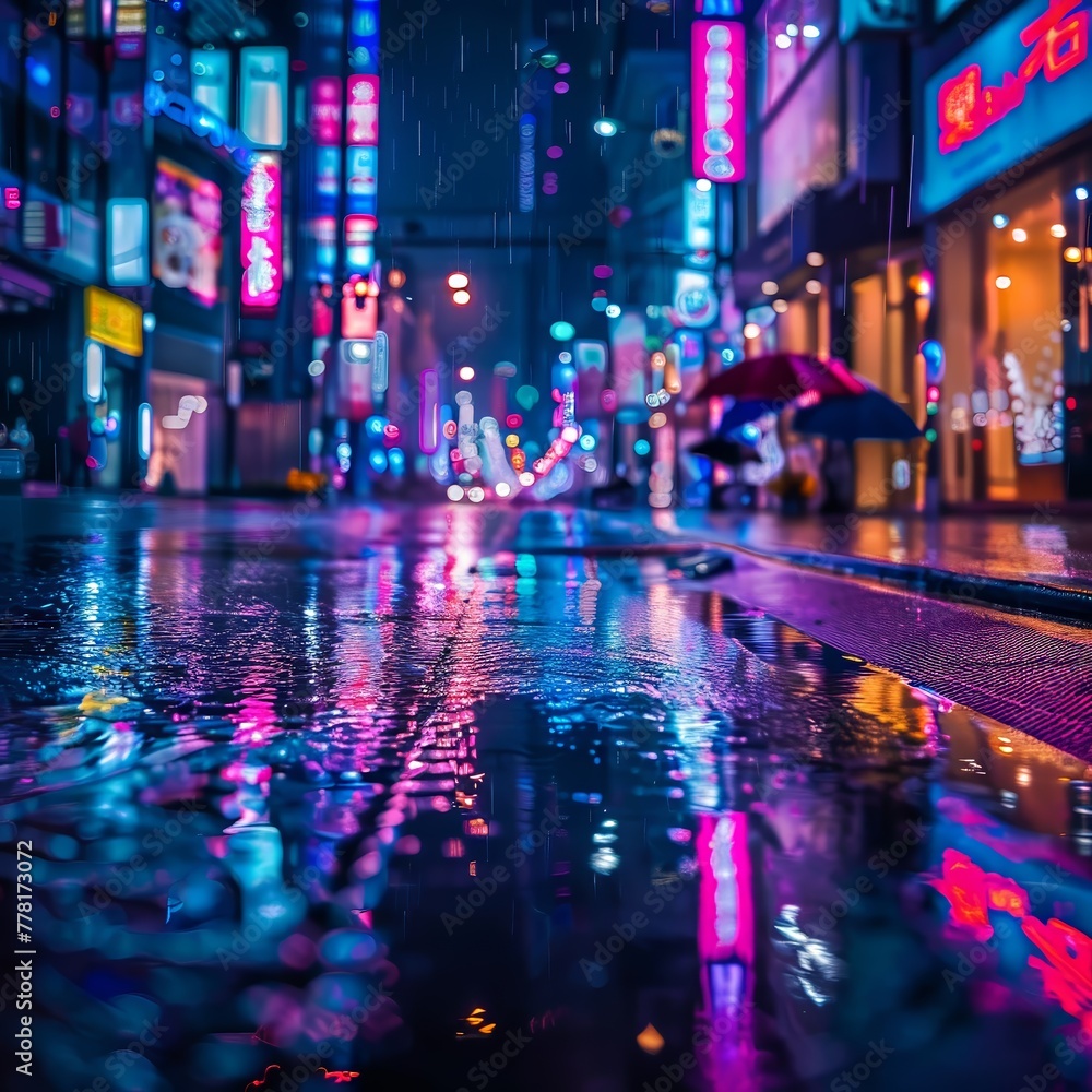 A moody and atmospheric rainy cityscape with blurred neon lights reflecting off wet pavement