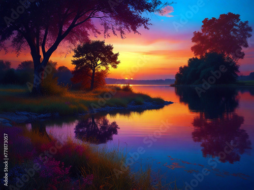 evening seenary on river with vibrant colors