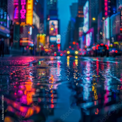 A moody and atmospheric rainy cityscape with blurred neon lights reflecting off wet pavement