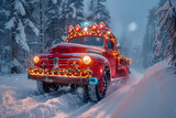A festive truck adorned with twinkling lights cruises through a winter wonderland, leaving a trail of tire tracks in the freshly fallen snow-2