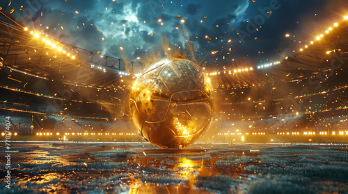golden soccer ball in a large soccer stadium. Gold ball soccer award 