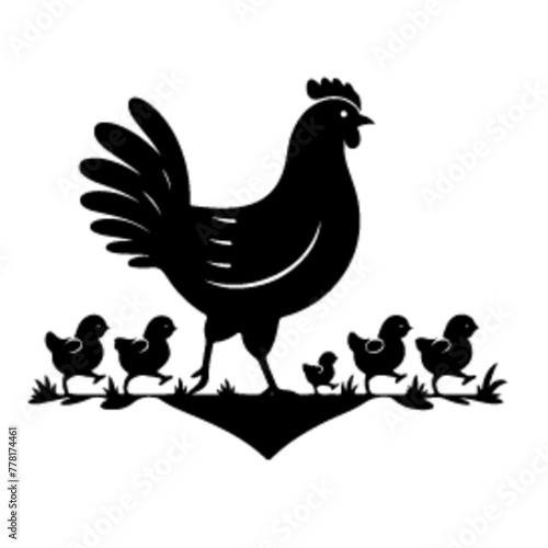 minimalist A hen with her chick leading her chicks across the yard vector black color silhouette, Black color silhouette-01