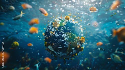 The Earth Underwater Surrounded By Fishes