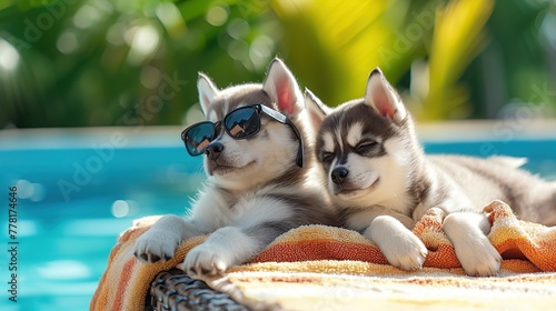 Two cute siberian husky puppies in sunglasses at the swimming pool.
