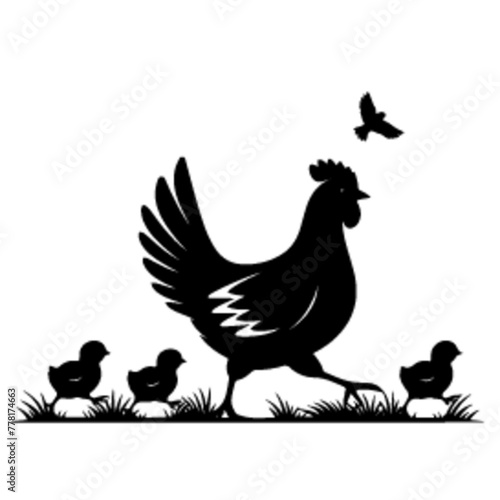 minimalist A hen with her chick leading her chicks across the yard vector black color silhouette, Black color silhouette-19