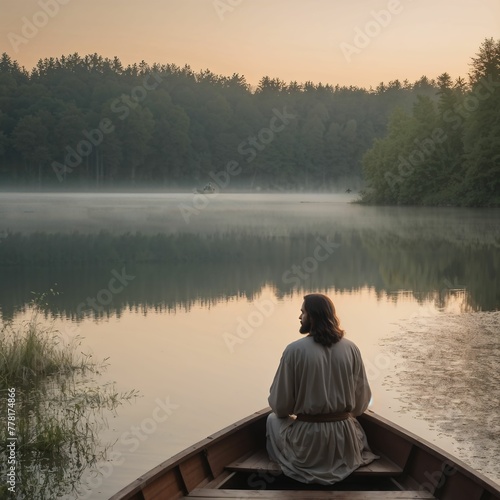 Jesus Sitting in a Boat on the Shore of a Calm Lake Under Beautiful Sunlight. Generated AI 