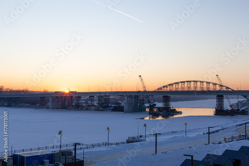 Winter sunset on the Embankment. Ufa city, Republic of Bashkortostan