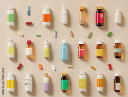 Develop a minimalist and modern digital art piece featuring the packaging of various allergy and antacid medications