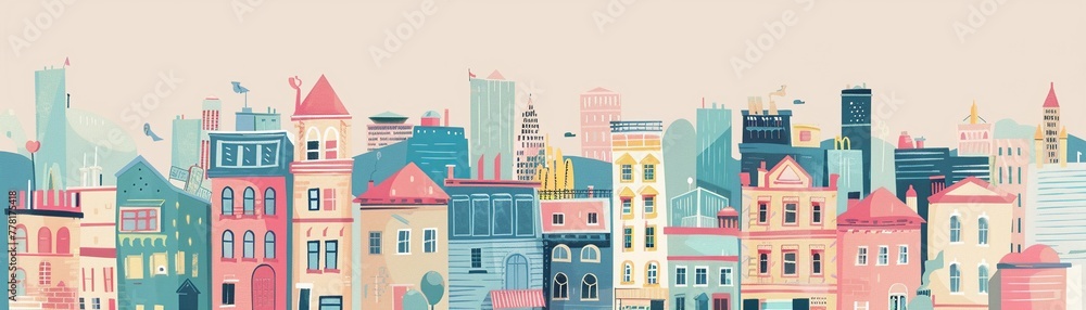 A charming cityscape filled with pastel colors and quirky details, evoking a sense of whimsy and wonder in a flat design style , clean sharp focus