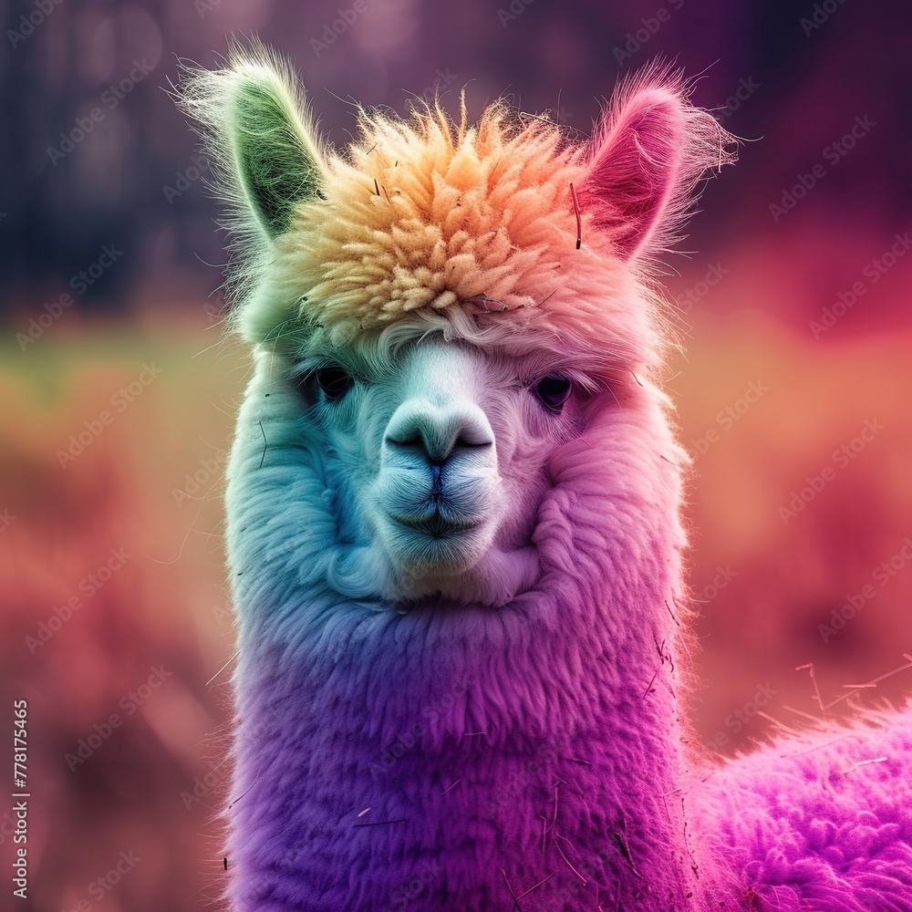 Fototapeta premium Rainbow colored Llama in the meadow.
