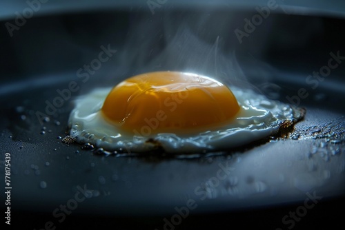 A closeup shot of an egg cracking open in a hot skillet, showcasing the beginning of its culinary journey photo