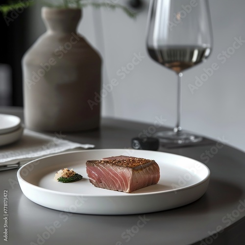 A beautifully seared tuna steak on a stylish, minimalist plate, set in a modern and chic dining setting