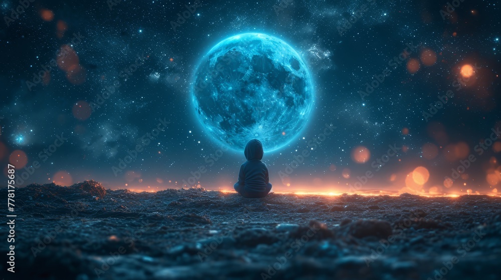 a person sitting in the middle of a field looking at the sky with a bright blue moon in the background.