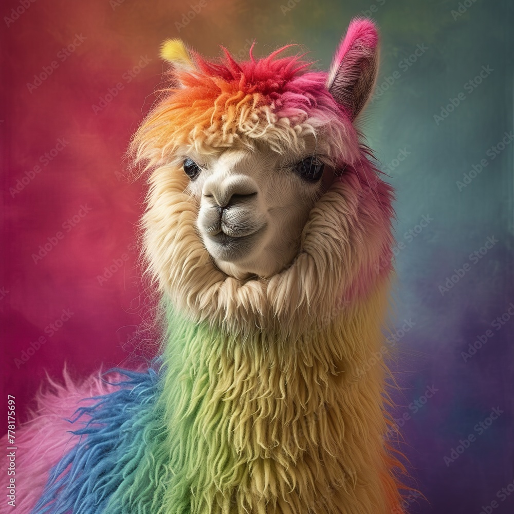 Fototapeta premium Funny alpaca on a colorful background. Alpaca in the form of a rainbow.