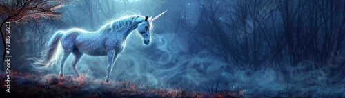 A graceful spiraled unicorn with bioluminescent fur standing in a moonlit forest