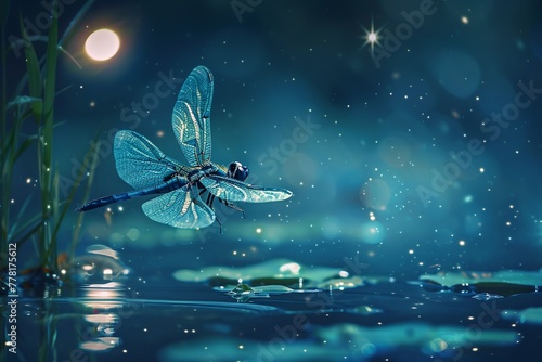 A luminous dragonfly with crystal wings hovering above a moonlit pond © Pairat