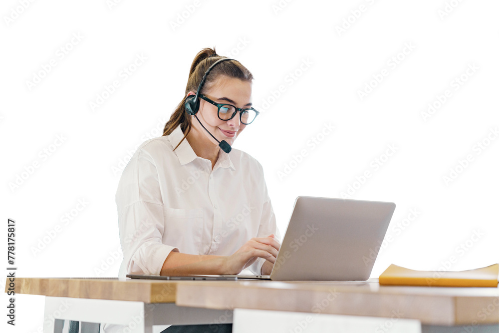 Consultation center The consultant operator talks a call with the client using a headset and headphones in the company. Transparent background. Consultation center The consultant operator talks a call with the client using a headset and headphones in the company. Transparent background.