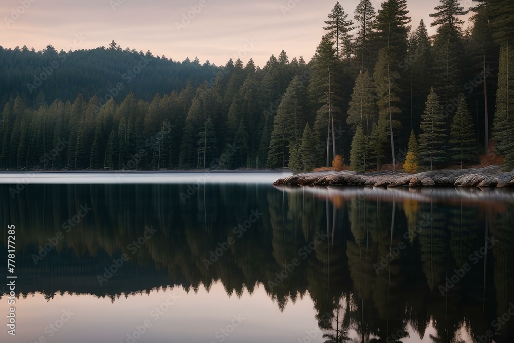Fototapeta premium a serene lakeside cabin nestled among towering pine trees | lake bled country | sunset on the lake | lake in the mountains