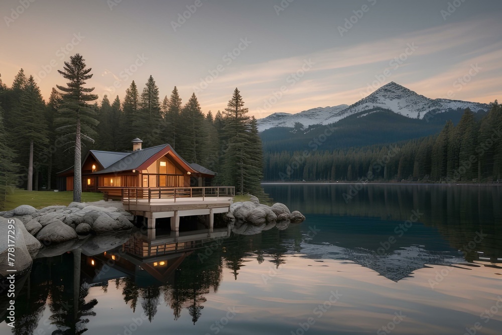 Fototapeta premium a serene lakeside cabin nestled among towering pine trees | lake bled country | sunset on the lake | lake in the mountains