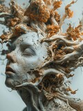 Abstract surreal composition depicting a human head fused with cordyceps fungi, symbolizing the convergence of life and decay.