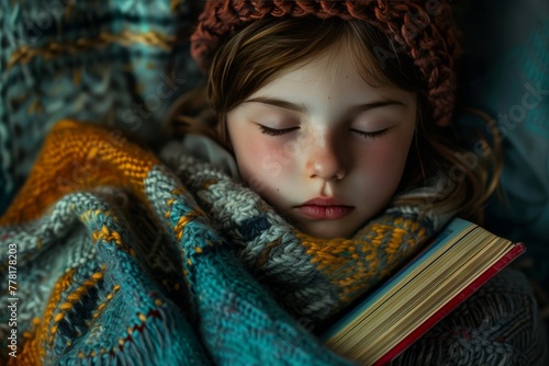 Cozy blanket and book - relaxed young girl with closed eyes, canon eos 5d mark iv dslr