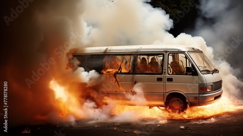 tourist minibus vehicle is being consumed by smoke and flames, creating a scene of chaos and danger on the road. 