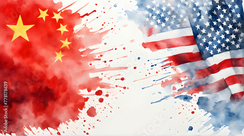 Watercolor painting of American flag and Chinese flag mixed together . Confliction concept . photo