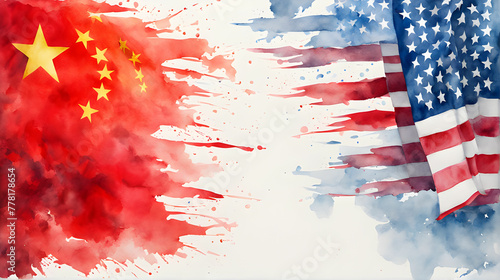 Watercolor painting of American flag and Chinese flag mixed together . Confliction concept . photo