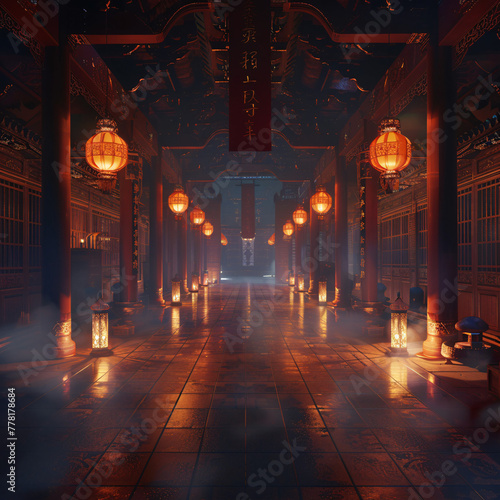 Mystical corridor with glowing lanterns in an Asian architectural setting.