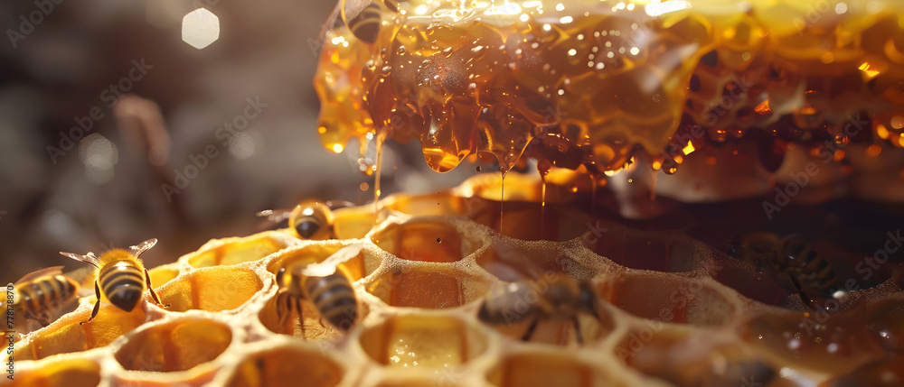 Honey bees swarming around a vibrant, intricate honeycomb structure, macro lens, soft lighting, photorealistic. Honey bees swarming around a vibrant, intricate honeycomb structure, macro lens, soft lighting, photorealistic.