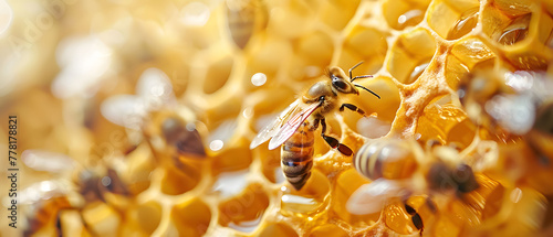 Honey bees swarming around a vibrant, intricate honeycomb structure, macro lens, soft lighting, photorealistic.