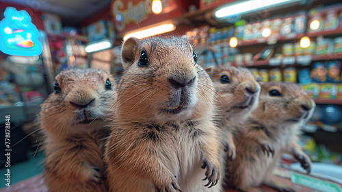 Five curious prairie dogs in a colorful store, peering into the camera. photo